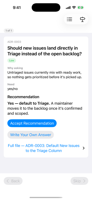 The iOS client: a recommendation with its rationale, and one-tap Accept